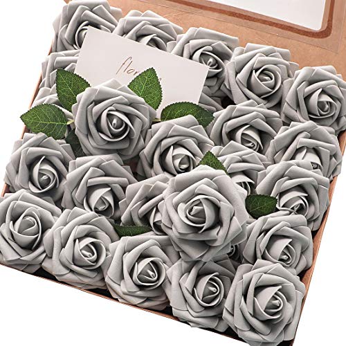 Artificial Flowers 25pcs Real Looking Silver Grey Foam Fake Roses with Stems for DIY Wedding Bouquets Bridal Shower Centerpieces Floral Arrangements Party Tables Home Decorations (25 Count)