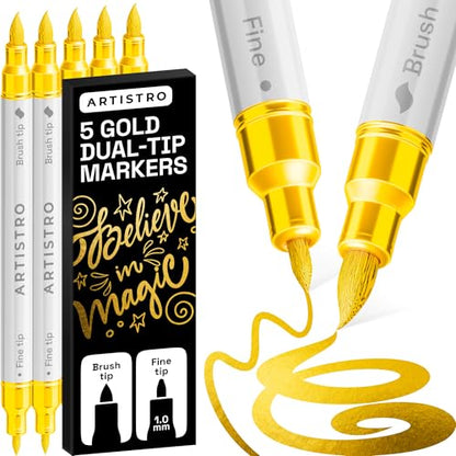 5 Gold Dual Tip Acrylic Paint Marker Pens for Drawing (5 Count)