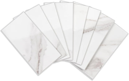 100 Pieces Peel and Stick Backsplash for Kitchen, 3" x 6" PVC Subway Tile 2025 Upgraded Glossy White Marble with White Grout Backsplash Stick on Tile Elevate Kitchen Fireplace RV