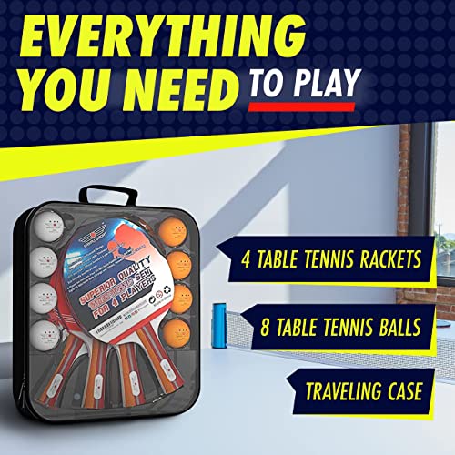 Ping Pong Paddle Set of 4 with 8 Balls & Carry Case for Table Tennis