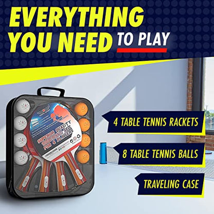 Ping Pong Paddle Set of 4 with 8 Balls & Carry Case for Table Tennis