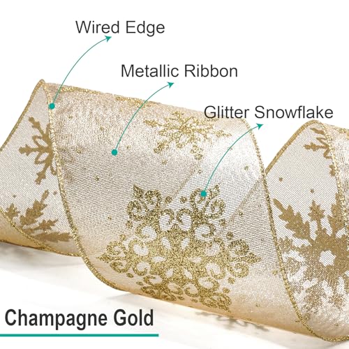 Champagne Gold Metallic Fabric with Gold Snowflake Wired Ribbon 2.5 Inch x 10 Yards for Christmas Home Decor Tree Topper Bow Gift Wrapping DIY Crafts Wreath Garland (30 Foot)
