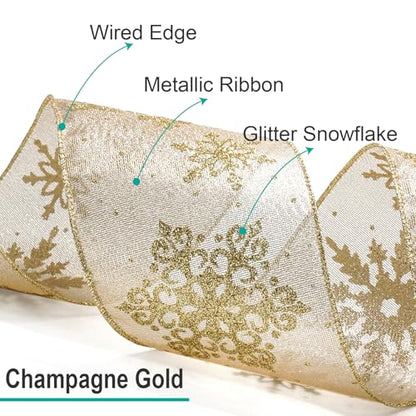 Champagne Gold Metallic Fabric with Gold Snowflake Wired Ribbon 2.5 Inch x 10 Yards for Christmas Home Decor Tree Topper Bow Gift Wrapping DIY Crafts Wreath Garland (30 Foot)
