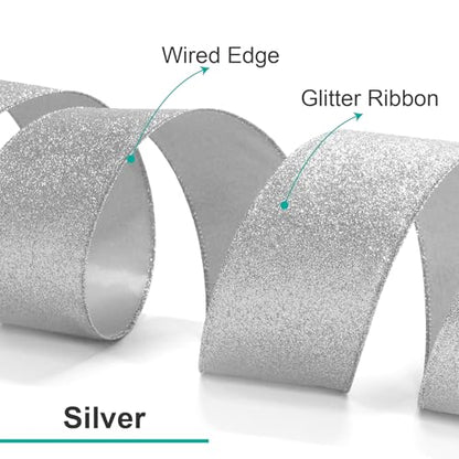 Glitter Wired Ribbon 1.5" x 10 Yards Silver for Christmas Home Decor Bow Gift Wrapping DIY Crafts Wreath (30 Foot)