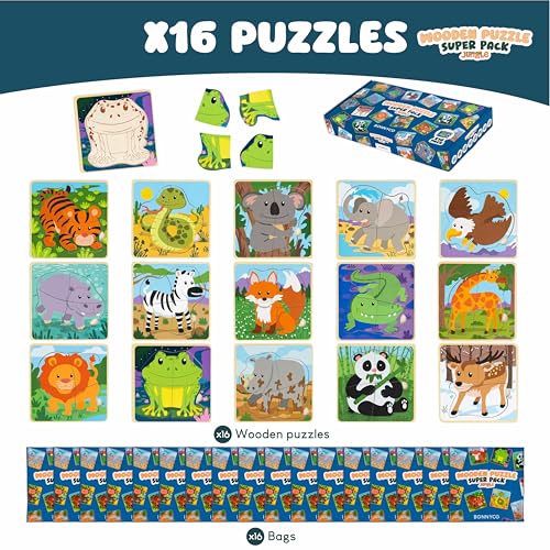 4 Pieces Wooden Puzzles Pack 16 Party Favors for Kids 1 to 5. Birthday Goodie Bags Stuffers (16 Count)