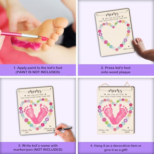 DIY Mothers Day Footprint Craft Button Heart Hanging Sign for Mom Sewing