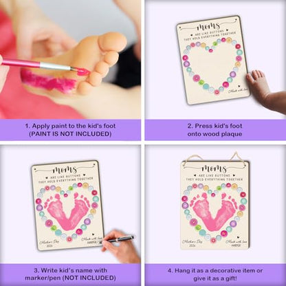 DIY Mothers Day Footprint Craft Button Heart Hanging Sign for Mom Sewing