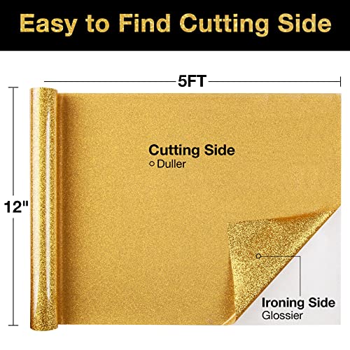Gold Glitter HTV Heat Transfer Vinyl Roll 12 inch x 5 ft Iron on Vinyl for T Shirts Crafts