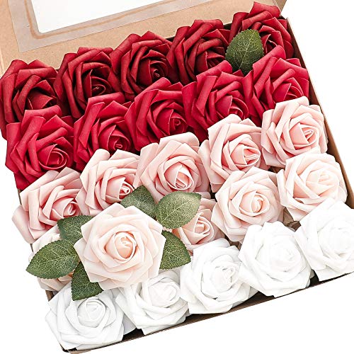 Artificial Flowers 25pcs Real Looking Dark Red Ombre Colors Foam Fake Roses with Stems for DIY Wedding Bouquets Bridal Shower Centerpieces Floral Arrangements Party Tables Home Decorations (25 Count)