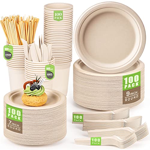 100% Compostable Plates Set 700pcs Heavy (700 Count)