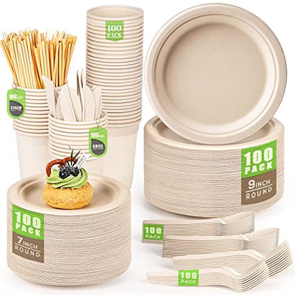 100% Compostable Plates Set 700pcs Heavy (700 Count)
