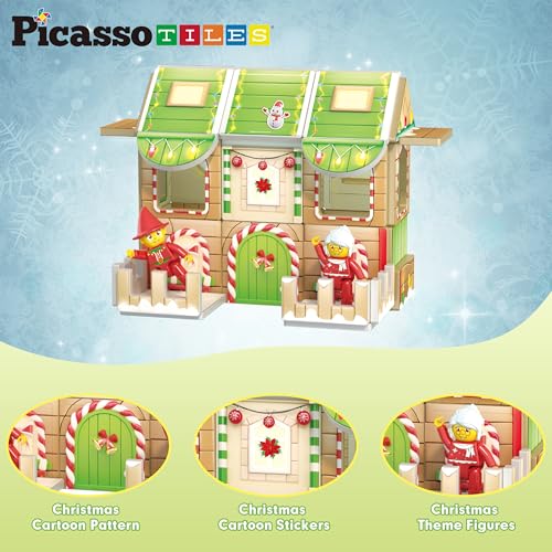 Magnetic Tile Christmas Holidays Cottage Building Set with Santa Elves Nutcracker 6 Character Figures STEM Educational Construction Toy Winter Magnet Block Gift for Kids Age 3 Plus PTQ08