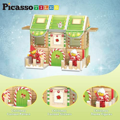 Magnetic Tile Christmas Holidays Cottage Building Set with Santa Elves Nutcracker 6 Character Figures STEM Educational Construction Toy Winter Magnet Block Gift for Kids Age 3 Plus PTQ08