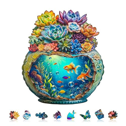 Succulent Ocean Puzzles Potted Colorful Plants Flowers Aquarium Vase Fish Puzzle Adults Gifts for Women Men Wooden 165 Pieces 11.4 * 10.0in (165 Count)