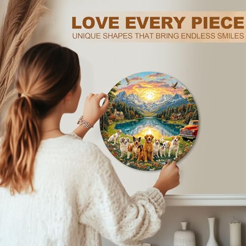 Dogs Puzzles Mountain Landscape Sunset Forest Flowers Round Puzzle Adults Gifts for Women Men Wooden 270 Pieces 13.4 * 13.4in Wall Art Decor