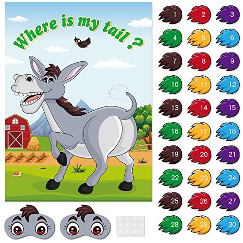 Pin The Tail on The Donkey Game with 30 Tail Stickers for Birthday Party Carnival Circus Supplies