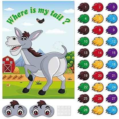 Pin The Tail on The Donkey Game with 30 Tail Stickers for Birthday Party Carnival Circus Supplies