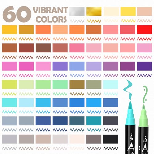 60 Colors Precision Dual Tip Acrylic Paint Markers Pens (60 Count)