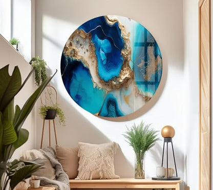 Round 24'' Blue Alcohol ink Glass Wall ArtTempered Glass Printing Wall Decor Large Wall Art Wall Hangings