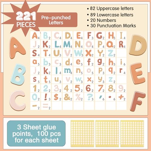 221 Pcs Retro Boho Bulletin Board Letters for Classroom Wall (225 Count)