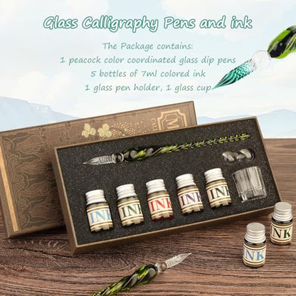 Glass Dipped Crystal Calligraphy Pen Set with 5 Colorful India Ink (6 Count)
