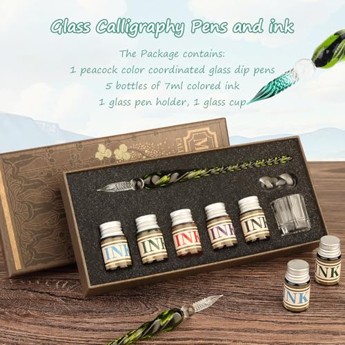 Glass Dipped Crystal Calligraphy Pen Set with 5 Colorful India Ink (6 Count)