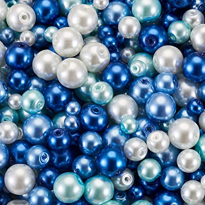 1840Pcs 4/6/8mm Glass Pearl Beads Multi Colors Round Spacer Pearlized Beads for DIY Craft Jewelry Making, Mixed Blue & White (1840 Count)