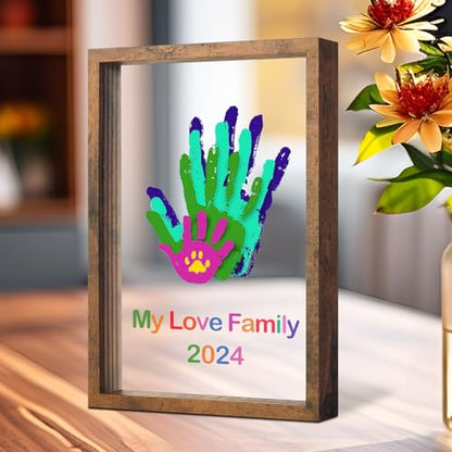 Family Handprint Kit DIY Craft Keepsake Wooden Frame Non Toxic Paints Transparent Sheets Perfect for Handprints Prints and Footprints Endless Present Set for New Parents and Family Memories