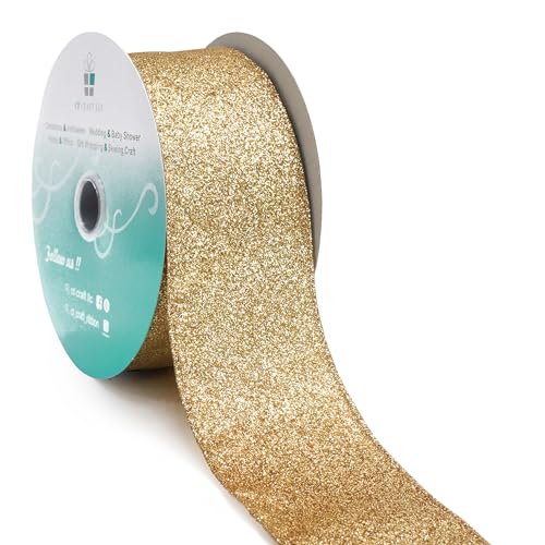 Glitter Wired Ribbon 2.5" x 20 Yards Light Gold for Christmas Home Decor Bow Gift Wrapping DIY Crafts Wreath (60 Foot)