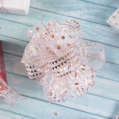 2.5 Inch Rose Gold Heart Wired Ribbon 25 Yards Pink Sheer Ribbons with Hearts Roll Pink Organza Wedding Ribbons Heart Ribbon for Crafts (75 Foot)