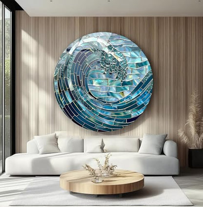 20''(50cm) Diameter Ocean Wave in Blue Mosaic Round Glass Wall Art Tempered Glass Printing Wall Decor Large Wall Art Wall Hangings