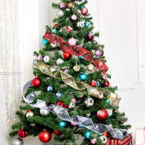 2.5 Inch Wide Christmas Wired Ribbon Snowflake Organza Sheer Glitter Ribbon for Xmas Tree (32.7 Foot)
