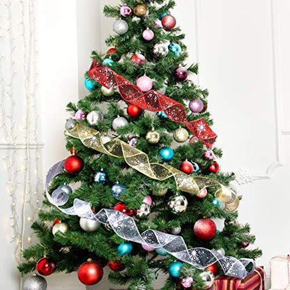 2.5 Inch Wide Christmas Wired Ribbon Snowflake Organza Sheer Glitter Ribbon for Xmas Tree (32.7 Foot)