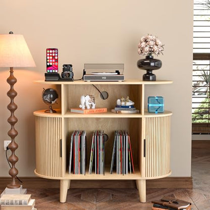 Large Round Record Player Stand with Charging Station & USB Ports