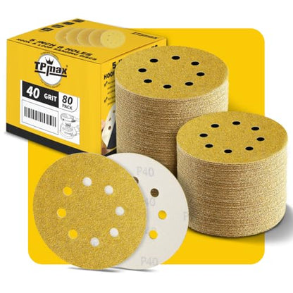 80PCS 5 Inch 40 Grit 125mm 8 Hole Sanding Discs Sandpaper (80 Count)