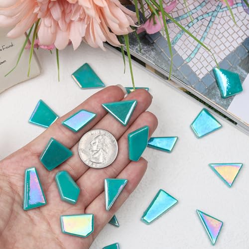 Iridescent Teal Glass Mosaic Tiles for Crafs Bulk (7.05 Ounce)