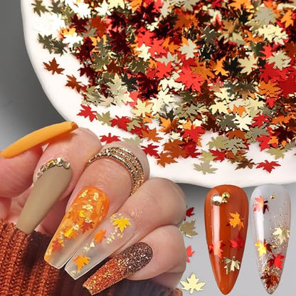 Thanksgiving Glitters Nails Sequins Fall Nail Glitter Sequins Autumn Maple Leaf Flakes Design Nails Charms Holographic Mixed Color 3D Confetti Nails Glitter for Women (2 Ounce)