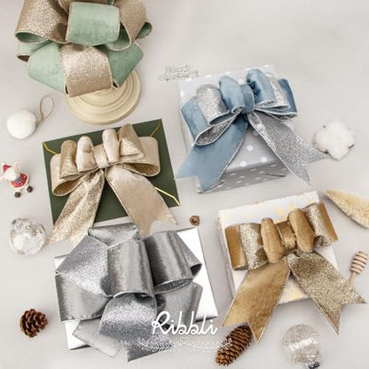 Dusty Blue Velvet Wired Ribbon 2.5 Inch Dusty Blue Velvet with Silver Glitter Christmas Ribbon for Christmas Tree Decoration Big Bow Gift Wrapping Crafts Wreaths Supplies (30 Foot)