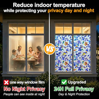 Privacy Window Film Upgraded 24H Day & Night Privacy Heat Insulation Static Cling Decorative Glass Film（Upgraded UV Purple