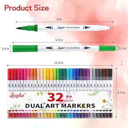 Dual Tip Art Markers for Adult Coloring 32 Colored Pens (32 Count)