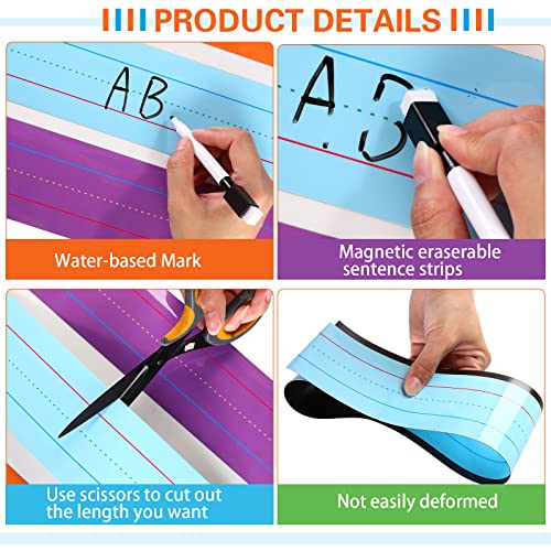 12 Pieces Large Magnetic Sentence Strips 3 x 36 inch Dry Erase Sentence Strips Jumbo Multicolor Magnetic Handwriting Paper with Lines for Teacher Whiteboard Classroom School Supplies