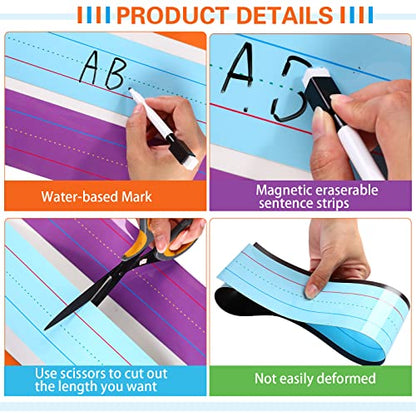 12 Pieces Large Magnetic Sentence Strips 3 x 36 inch Dry Erase Sentence Strips Jumbo Multicolor Magnetic Handwriting Paper with Lines for Teacher Whiteboard Classroom School Supplies