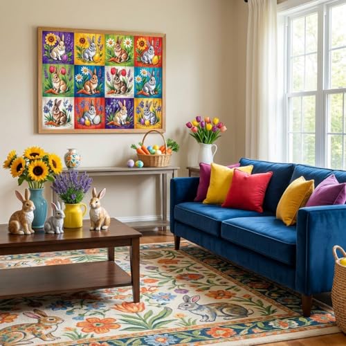 Spring Sunflowers Easter Eggs Rabbits Puzzles Adults Gifts for Women Men Wooden 300 Pieces 13.7 x 9.7in