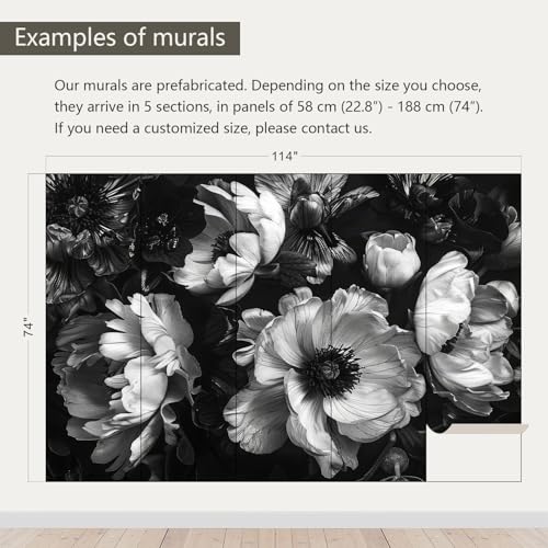 Black Peony Floral Wallpaper Vintage Large Flower wall murals for Bedroom 114"x74"