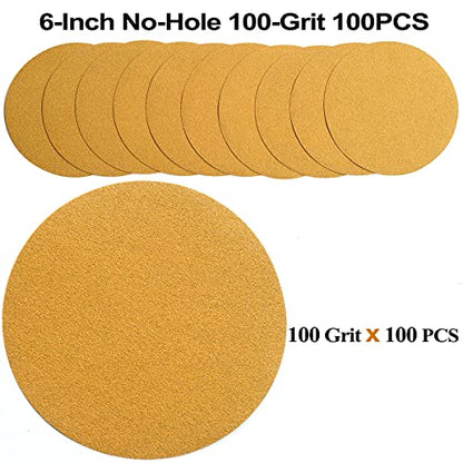 6-Inch No-Hole Hook and Loop Gold Sanding Discs 100-Grit, 100-Pack (100 Count)