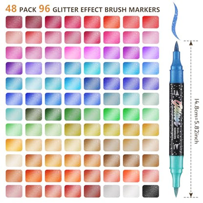 96 Colors 48 Pack Glitter Markers Pens Sparkle Markers Dual Brush Tip (48 Count)