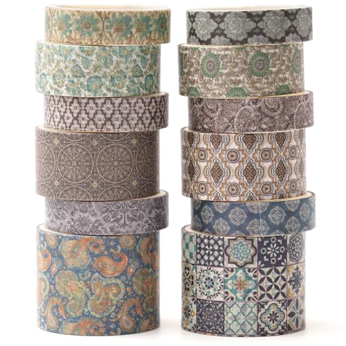 12 Rolls Exotic Charm Washi Tape Set Floral Arts Adhesive Tapes Geometric Garden Decorative Masking Tape Sets for Craft (12 Count)