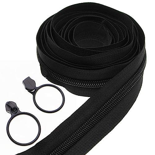 5 Black Nylon Coil Zippers by The Yards Bulk 10 Yards with 25pcs Black Ring Pull Sliders for DIY Tailor Sewing Craft