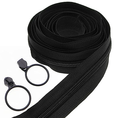 5 Black Nylon Coil Zippers by The Yards Bulk 10 Yards with 25pcs Black Ring Pull Sliders for DIY Tailor Sewing Craft