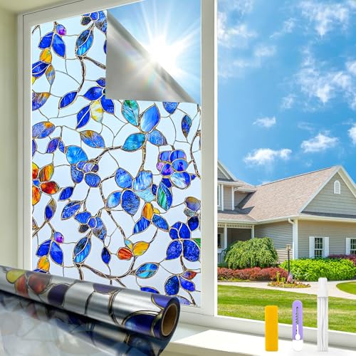 Privacy Window Film Upgraded 24H Day & Night Privacy Heat Insulation Static Cling Decorative Glass Film（Upgraded UV Purple
